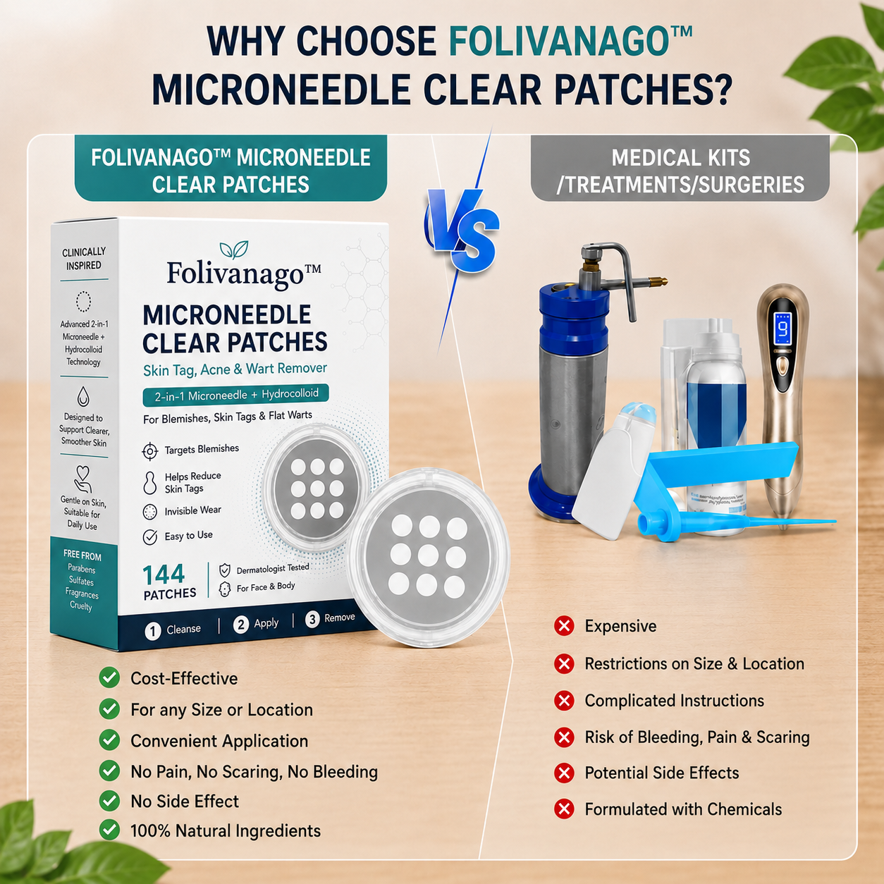 Folivanago™ 2-in-1 Microneedle & Hydrocolloid Patch🍀| Removes Raised Moles, Acne, Flat Warts & Skin Tags | Helps Improve Wrinkles, Scars & Blemishes | Invisible Patches for Face & Body